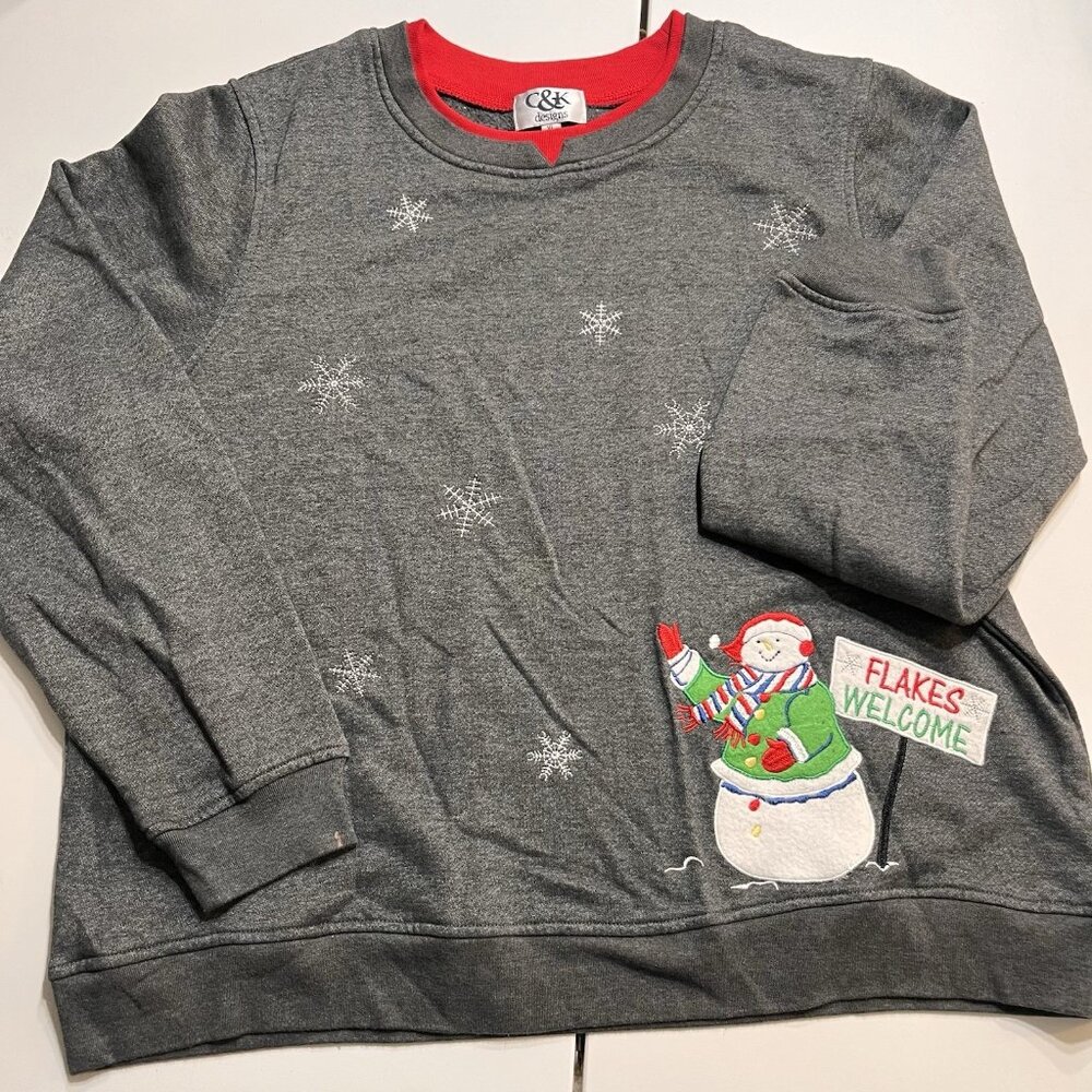 C&K Designs XL Christmas Sweater Grey Red Snowman Snowflake